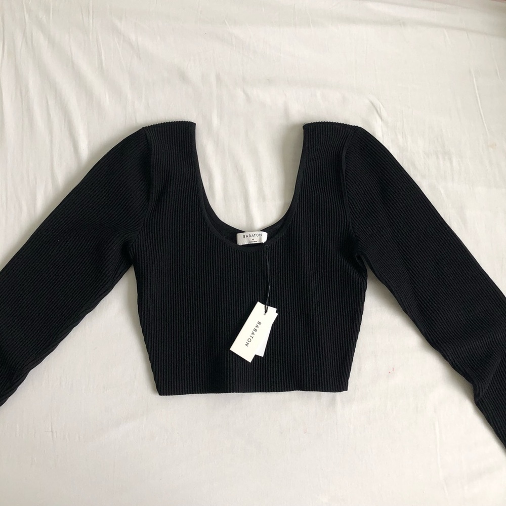 Babaton Black Ribbed Scoop Crop Top with Long Sleeves